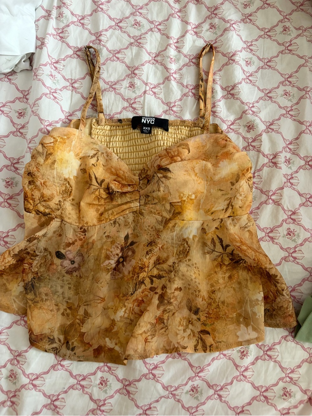 NYC Floral Ruffle Cami in Warm Yellow-Brown